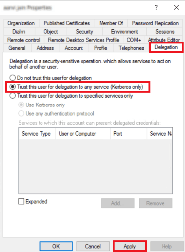 Kerberos service SSO Delegation for Windows Active Directory