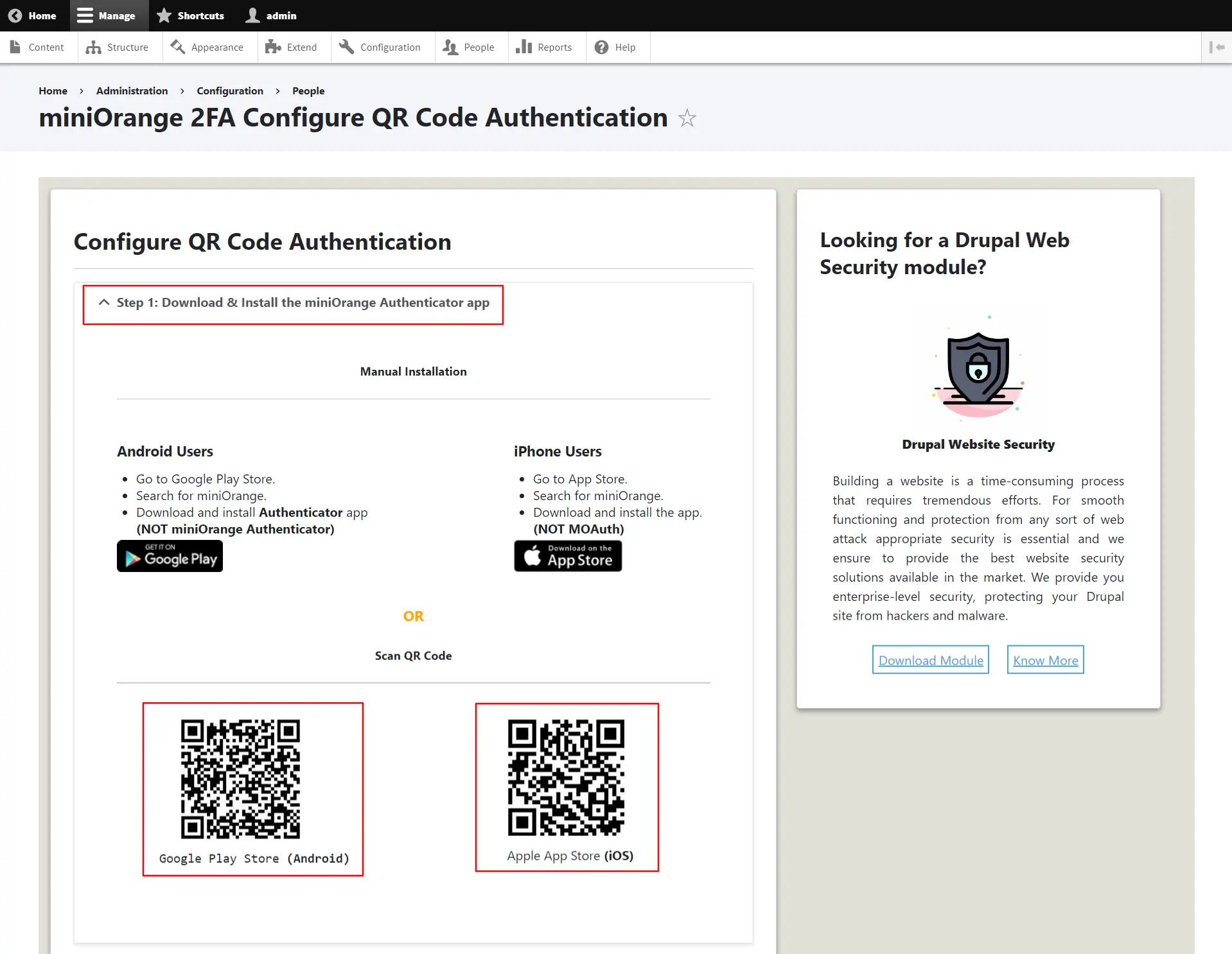 Drupal 2FA - download the miniorange authenticator app from google play store and apple store