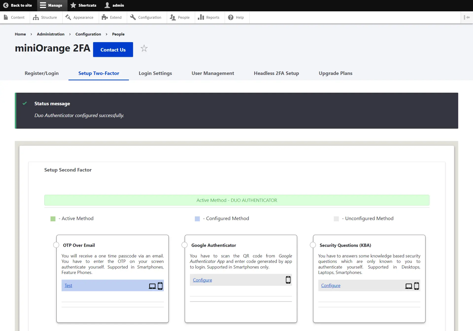 Drupal 2FA Successfully Configured Duo Authenticator method