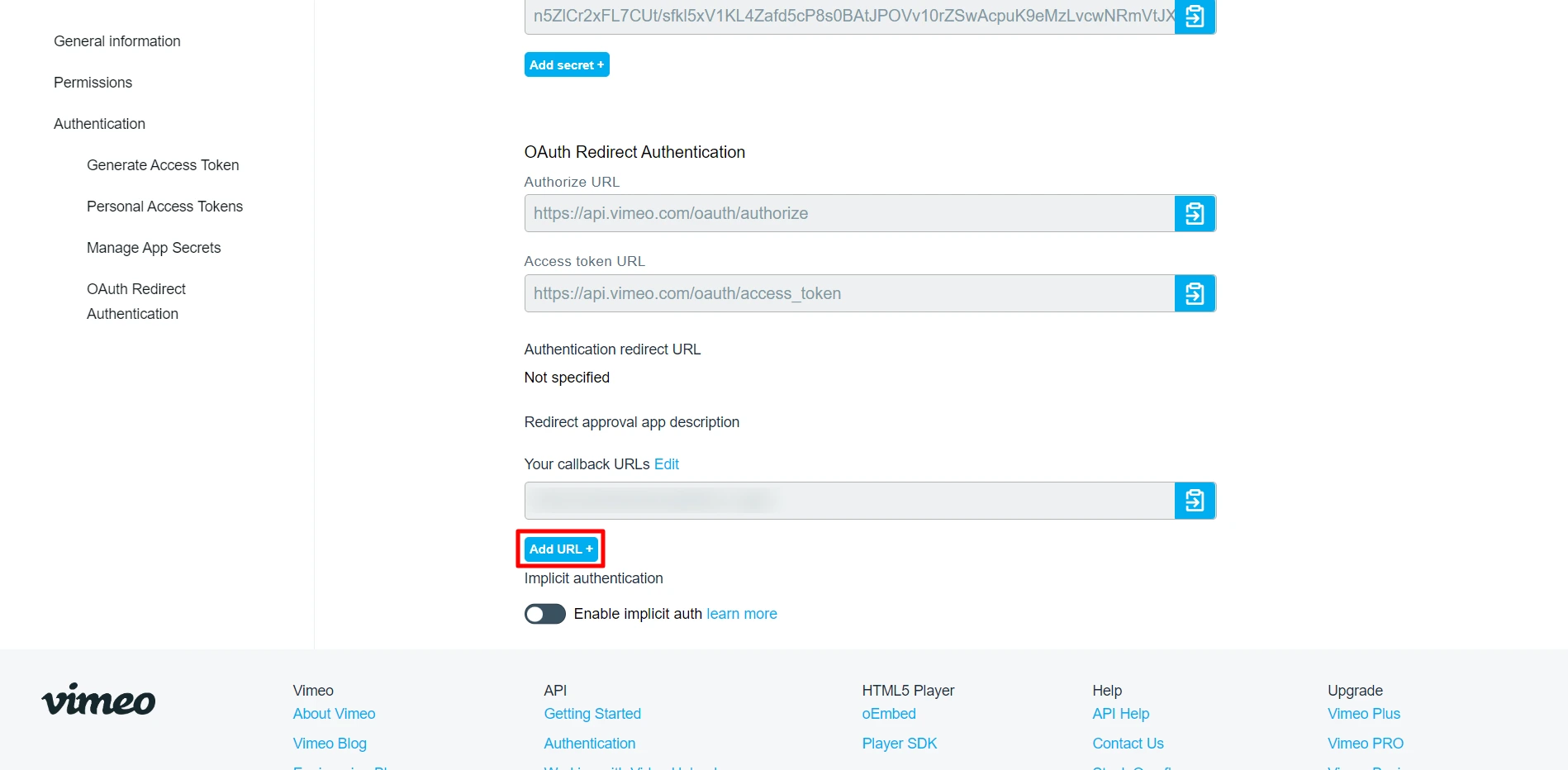Under OAuth Redirect Authentication add callback urls from here