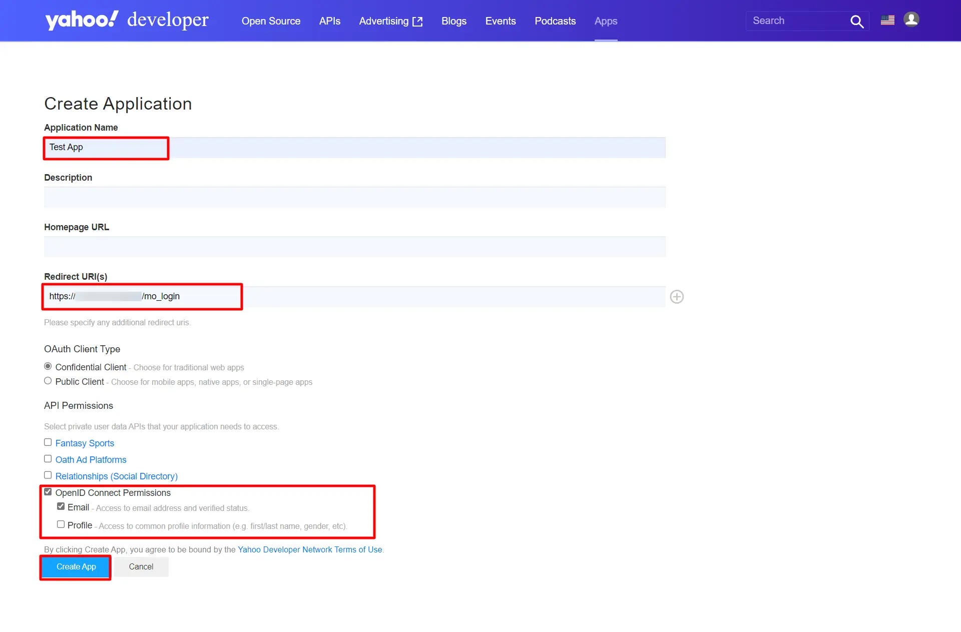 Yahoo sso integration - Enter application name