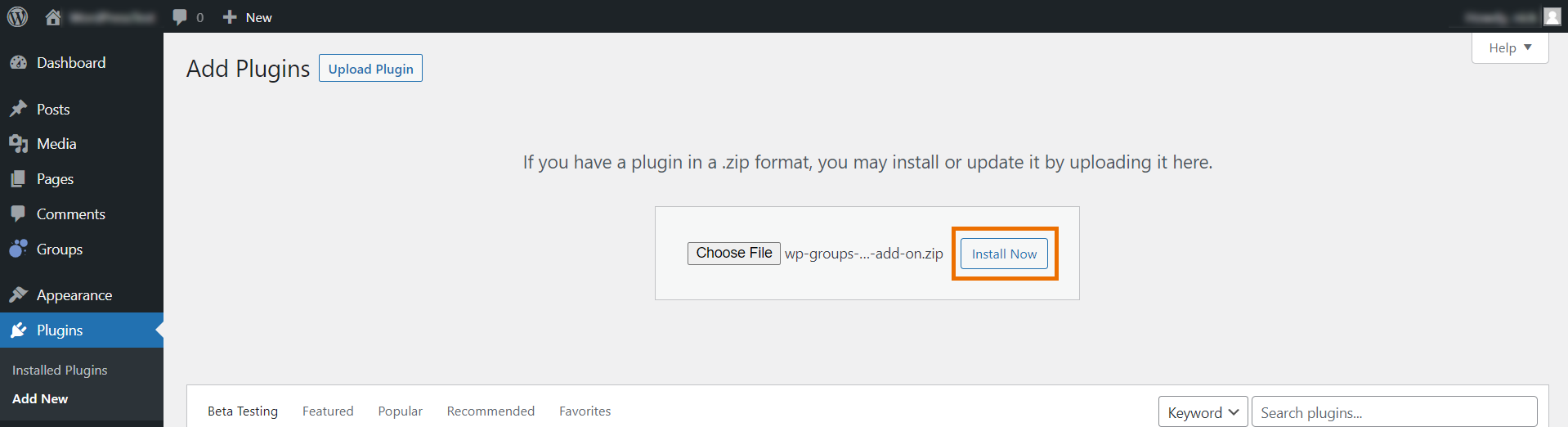 Choose the WordPress Groups plugin integration add-on and install