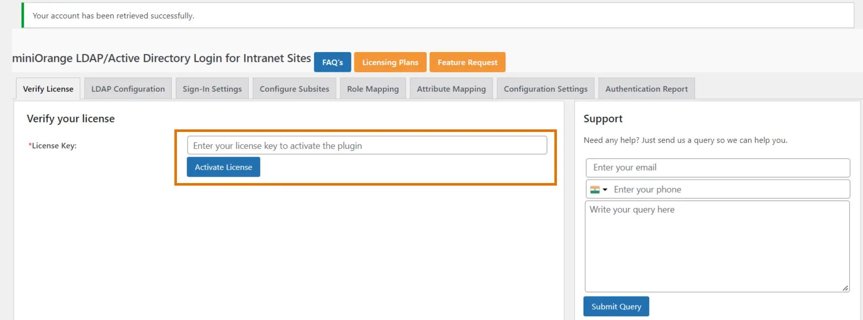 Enter the License key to activate the premium LDAP/AD login for intranet multisite plugin