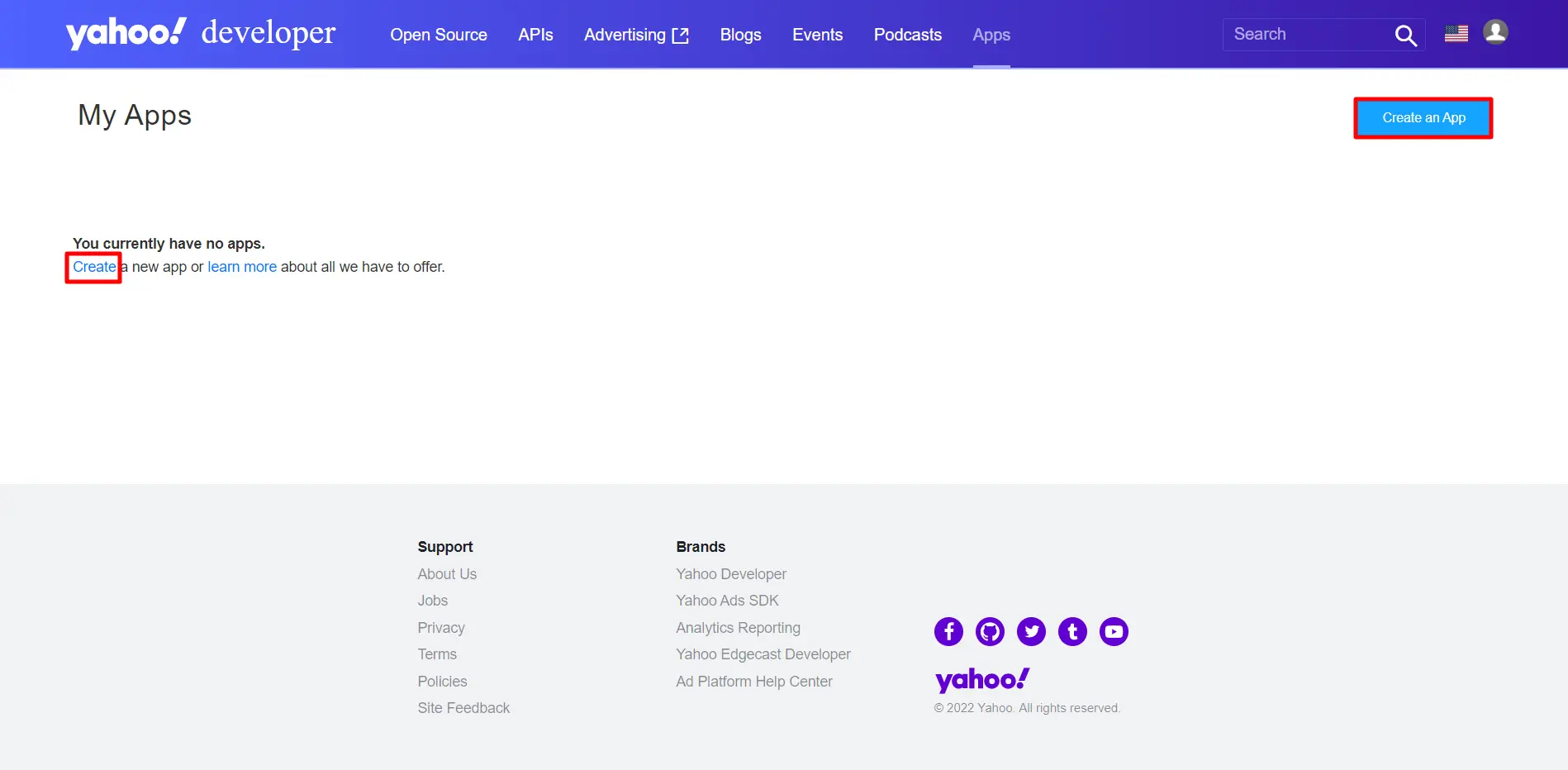 Yahoo sso integration - click on create app