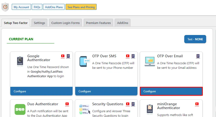 WordPress 2FA- OTP over Email Configure button 