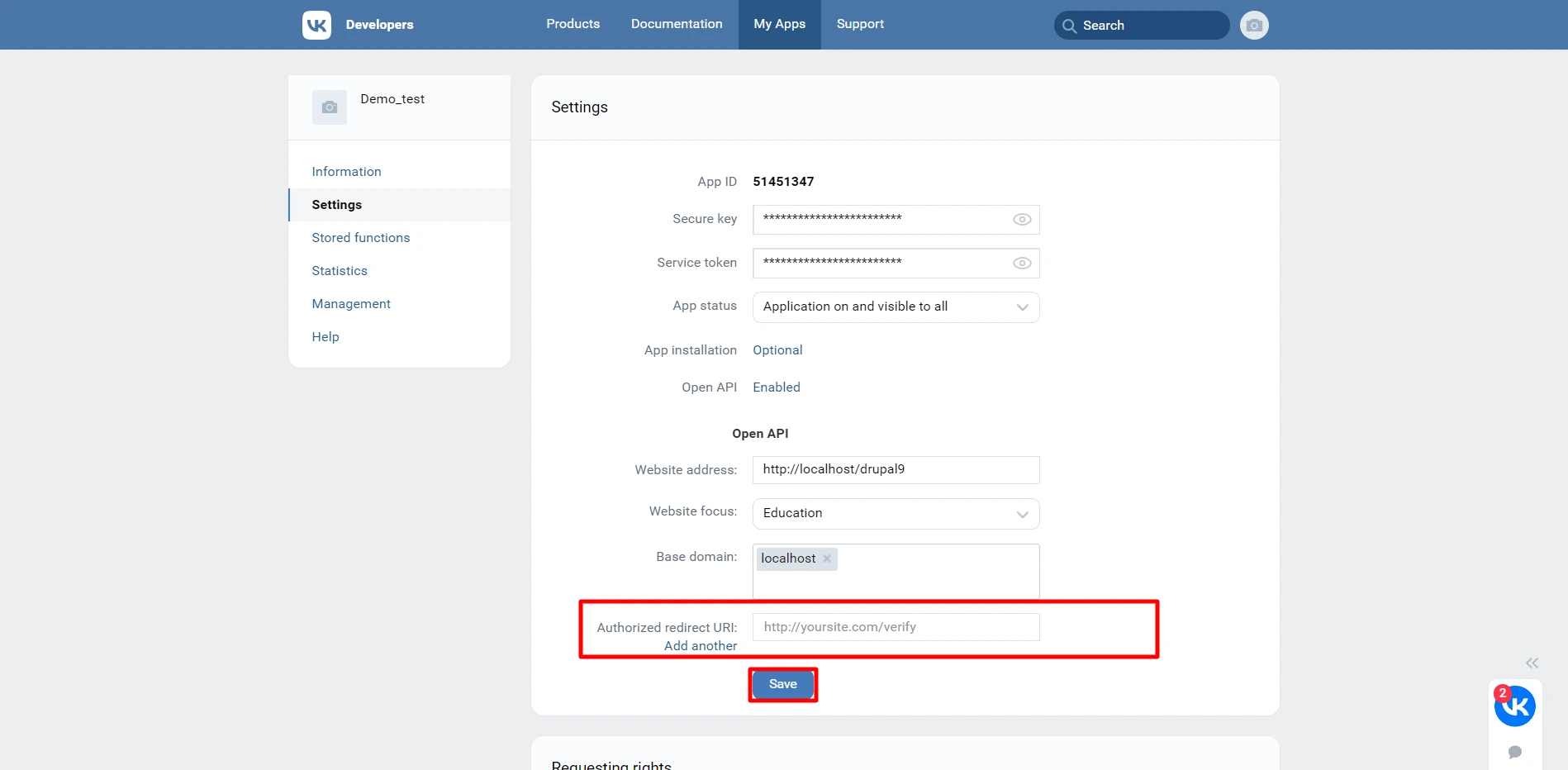 Vkontakte sso integration - To get secyre key and secure token and enter authorized redirect url