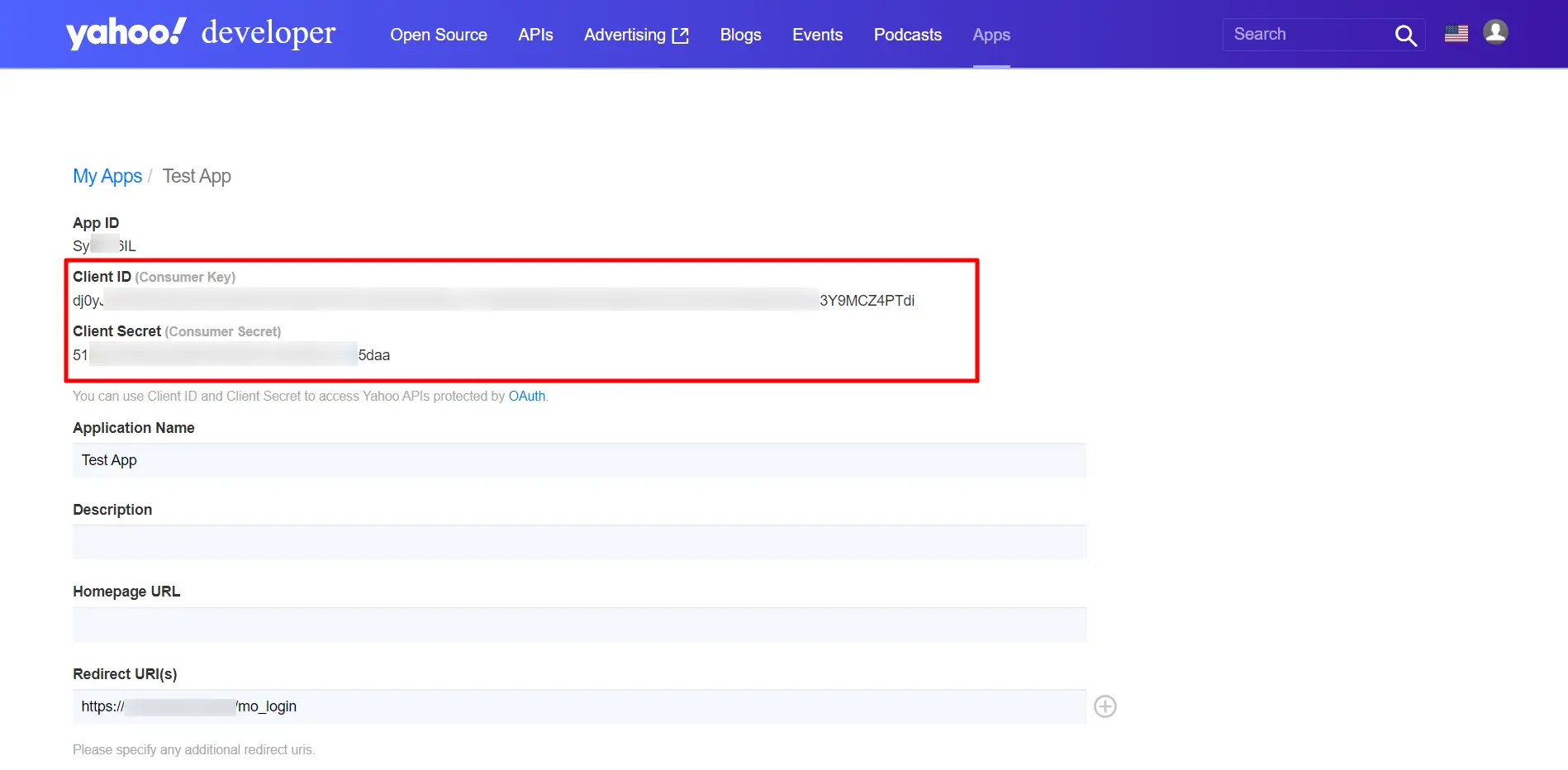 Yahoo sso integration - To get client id and client secret from application management page