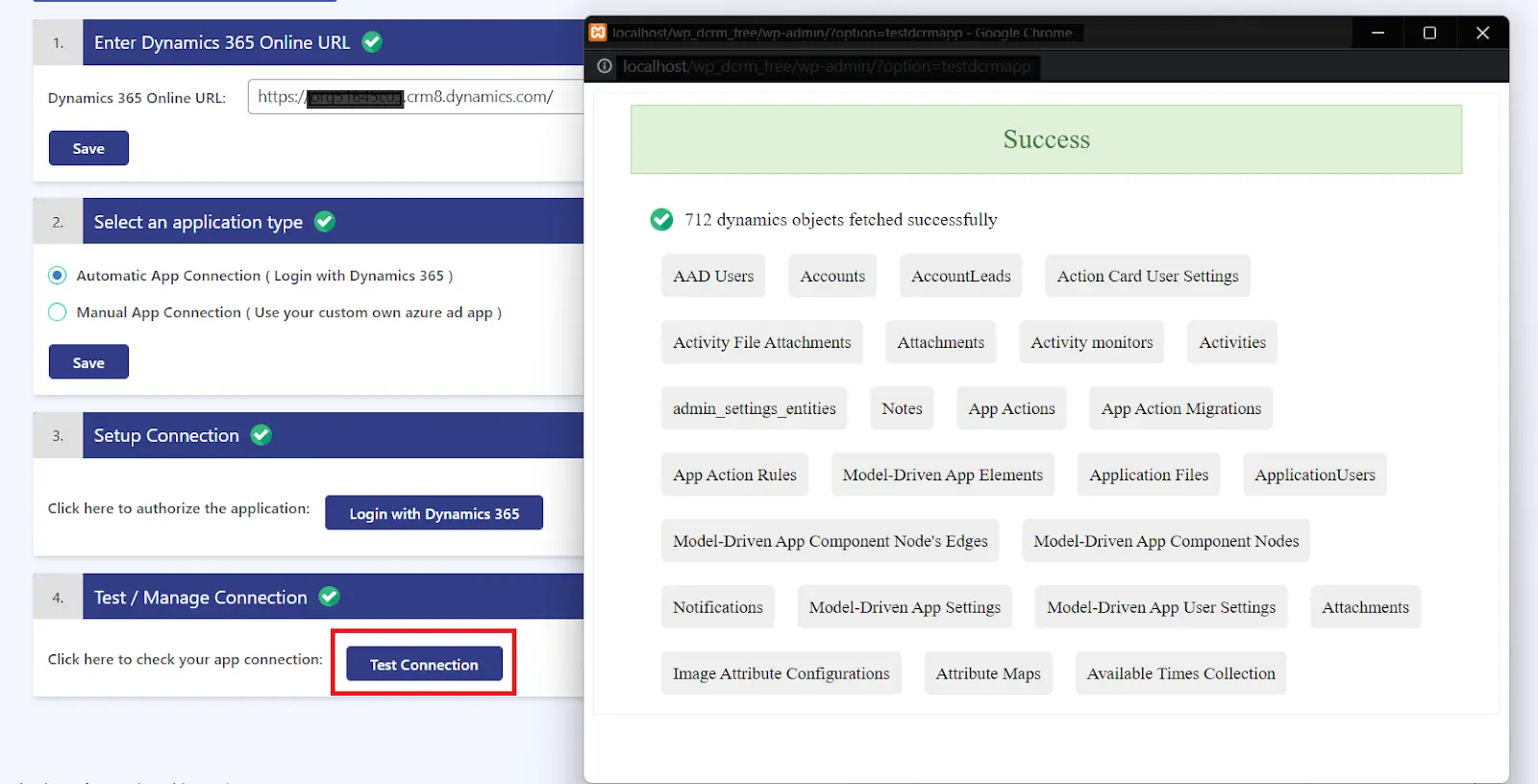 WordPress Dynamics 365 Integration | Click on Test connection