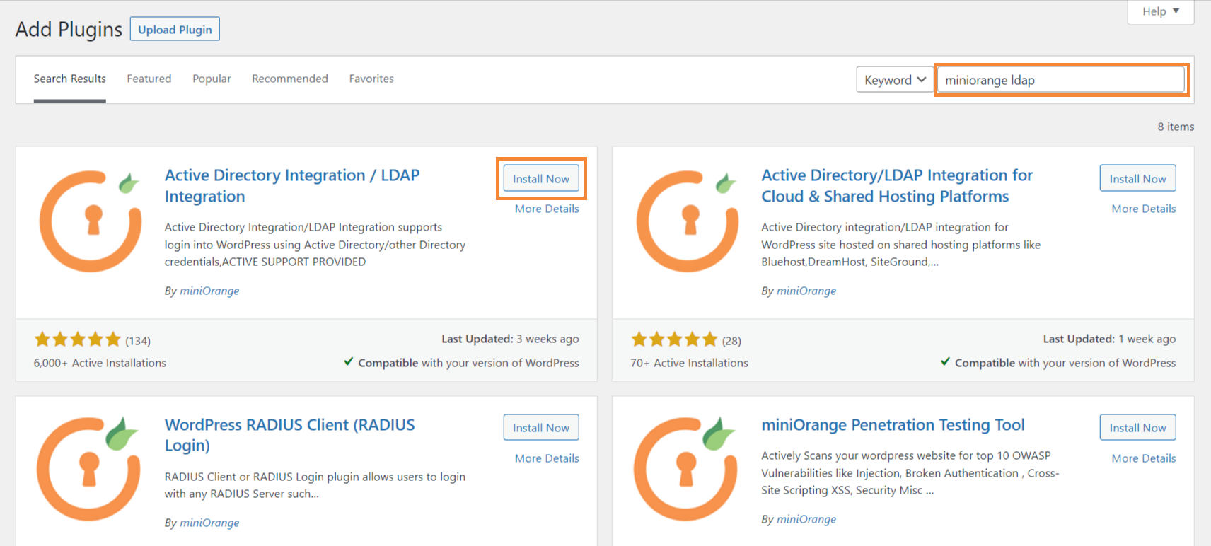 Search and Install the miniOrange active directory integration LDAP integration plugin