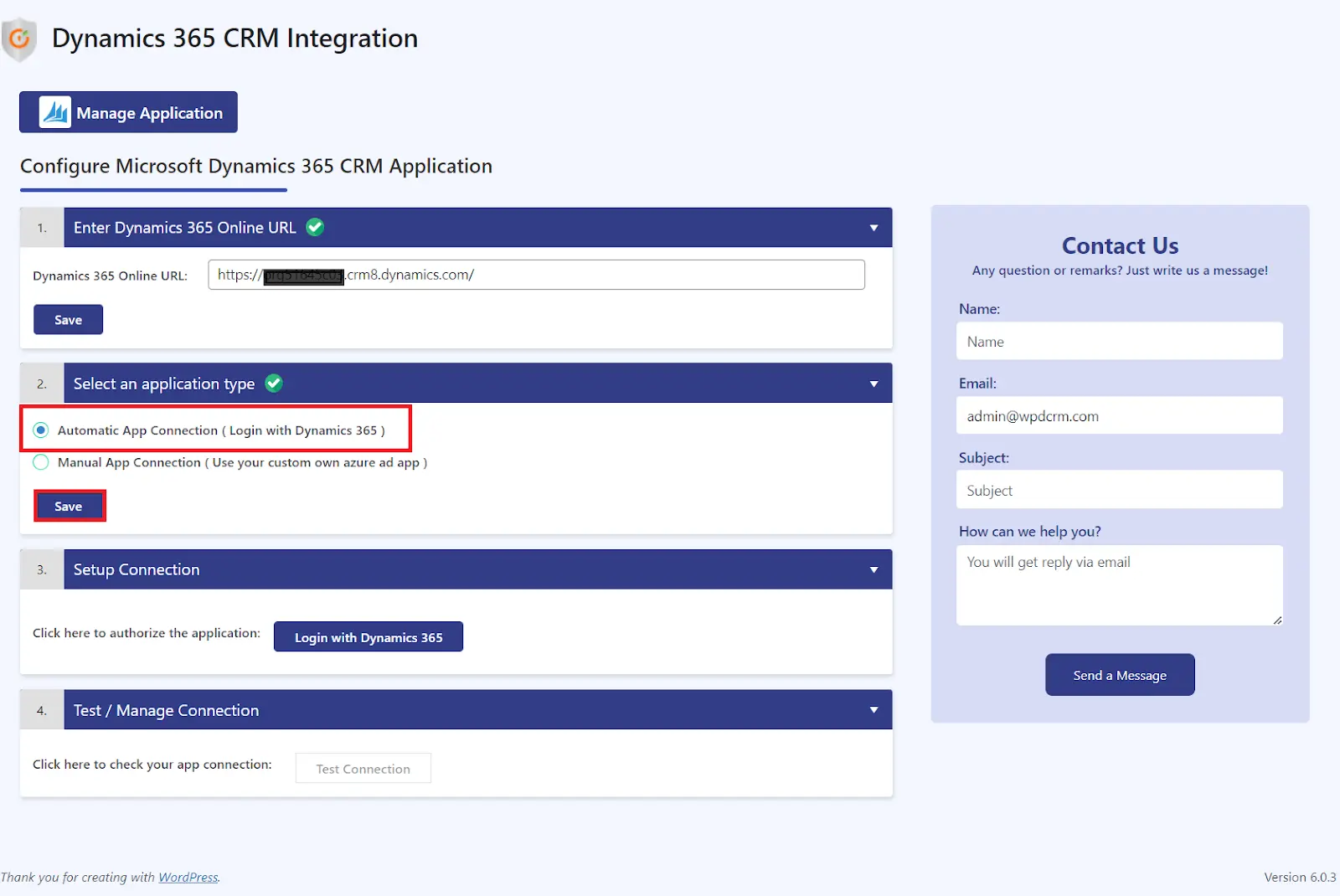 WordPress Dynamics 365 Integration | Select automatic connection