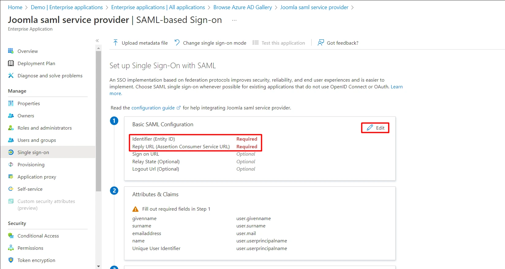 Azure AD SAML Single Sign-On SSO into Joomla, Azure Active Directory SSO- Configure SAML 2.0