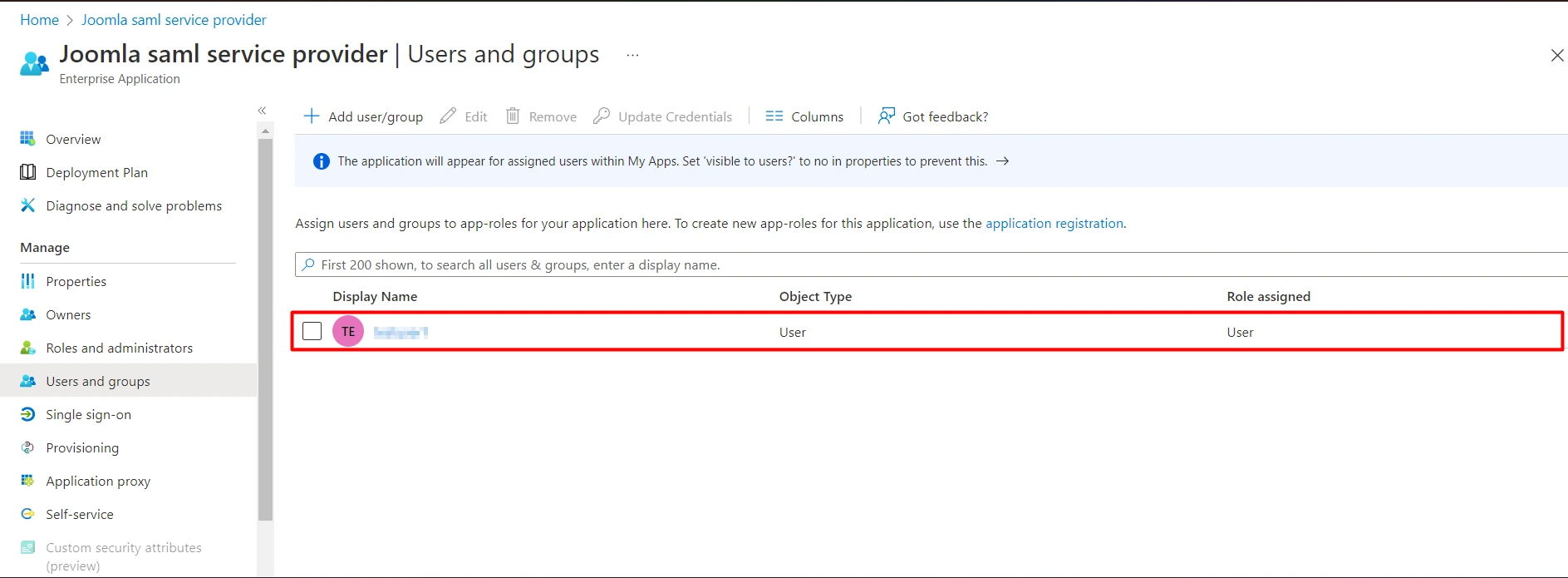 Azure AD SAML Single Sign-On SSO into Joomla, Azure Active Directory SSO- select Role,Assign