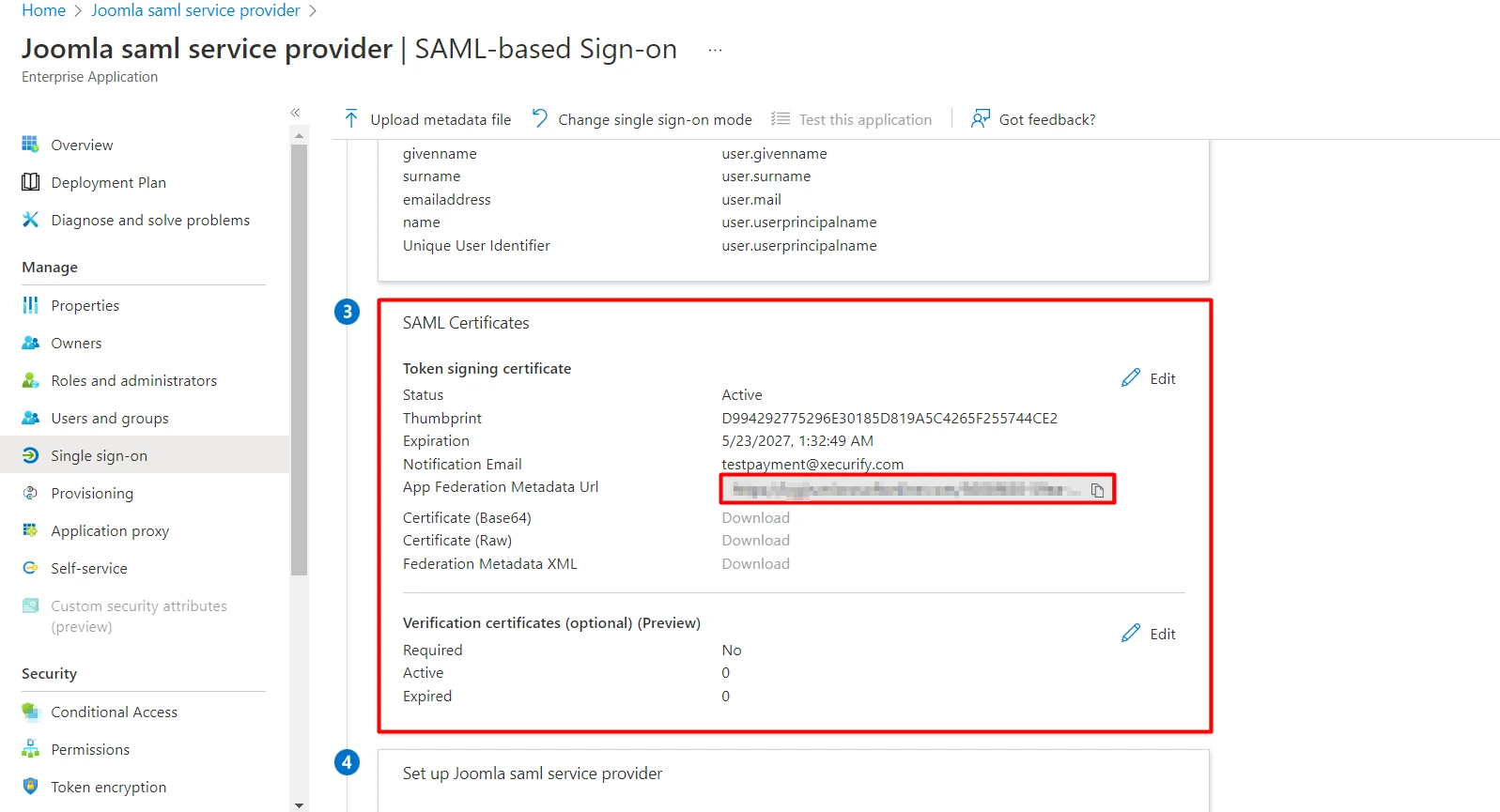 Azure AD SAML Single Sign-On SSO into Joomla, Azure Active Directory SSO- App Federation Metadata Url