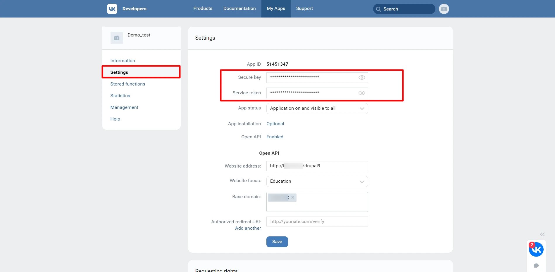 Vkontakte sso integration - To get secyre key and secure token and enter authorized redirect url