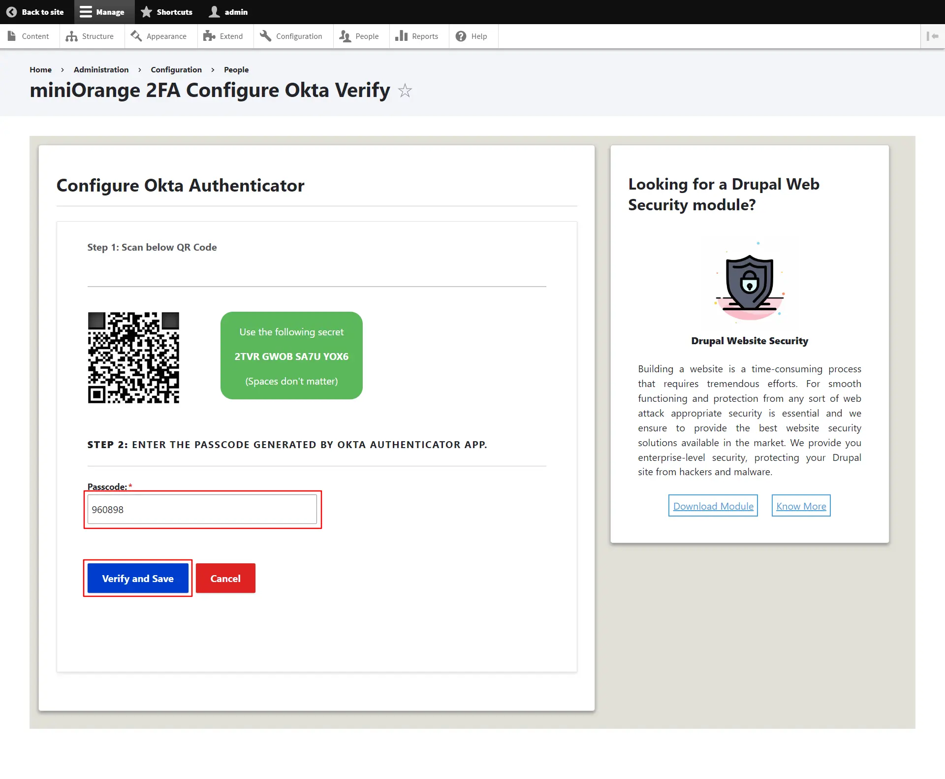 Drupal 2FA - Enter the Generated Passcode in Okta verify authenticator app