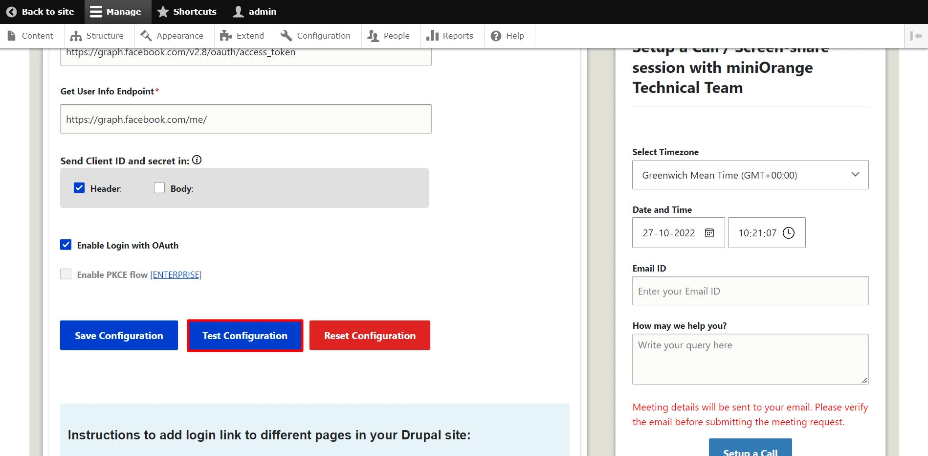 Facebook sso login with drupal OAuth OpenID Single Single On test Configuration