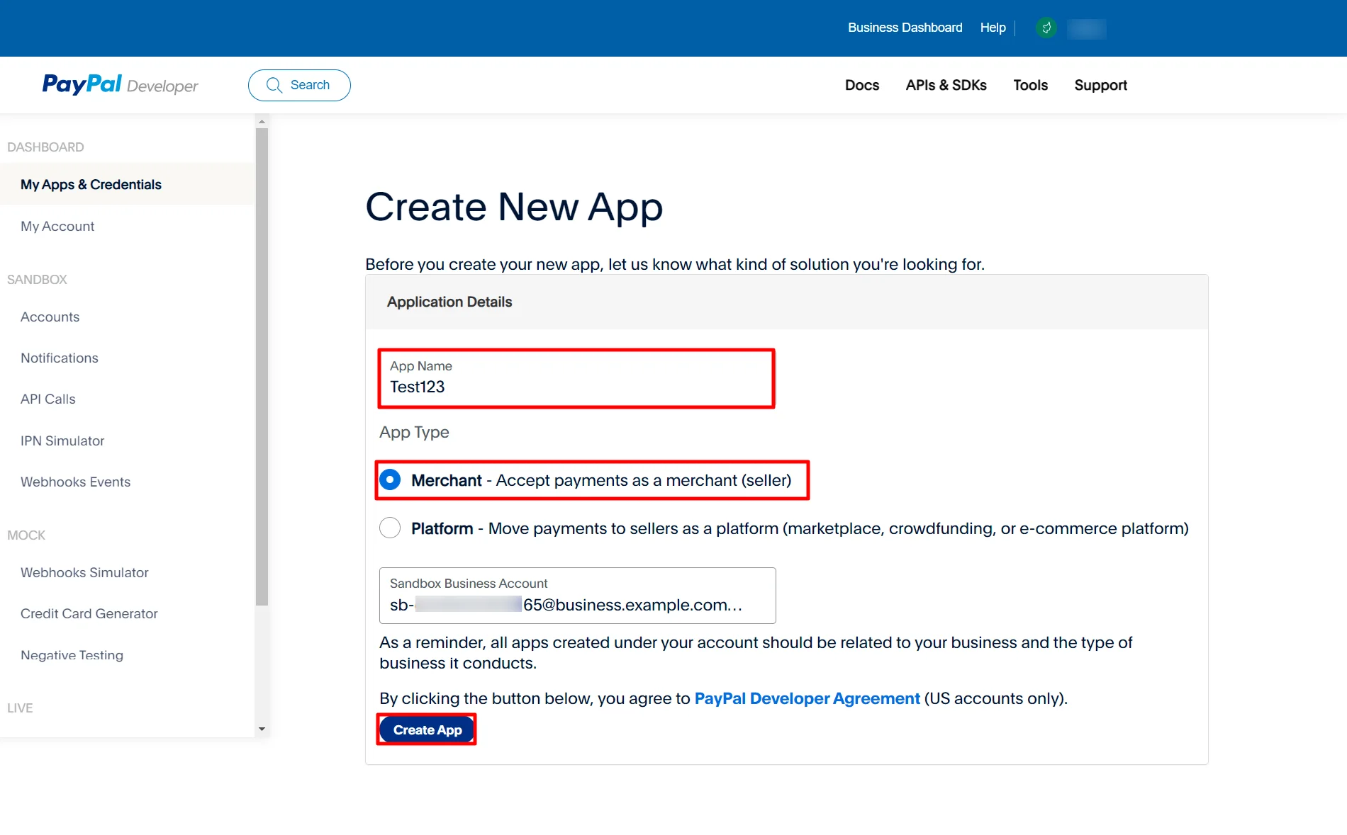 Drupal Paypal SSO Create New App