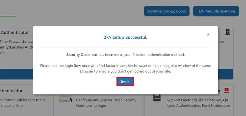 WordPress Security Questions - 2FA setup successfully