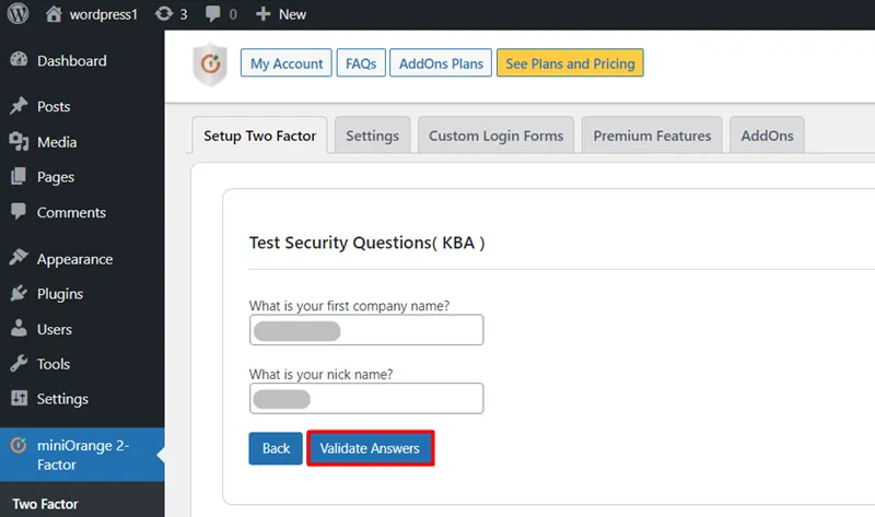 WordPress Security Questions - Test security question