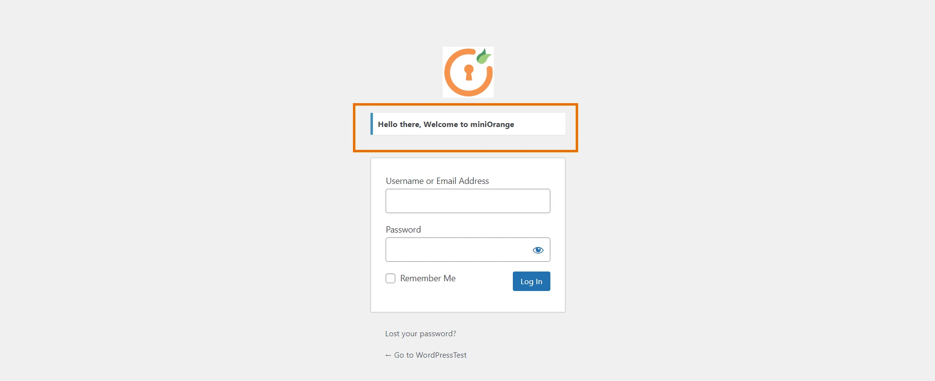 WordPress login page with the custom message