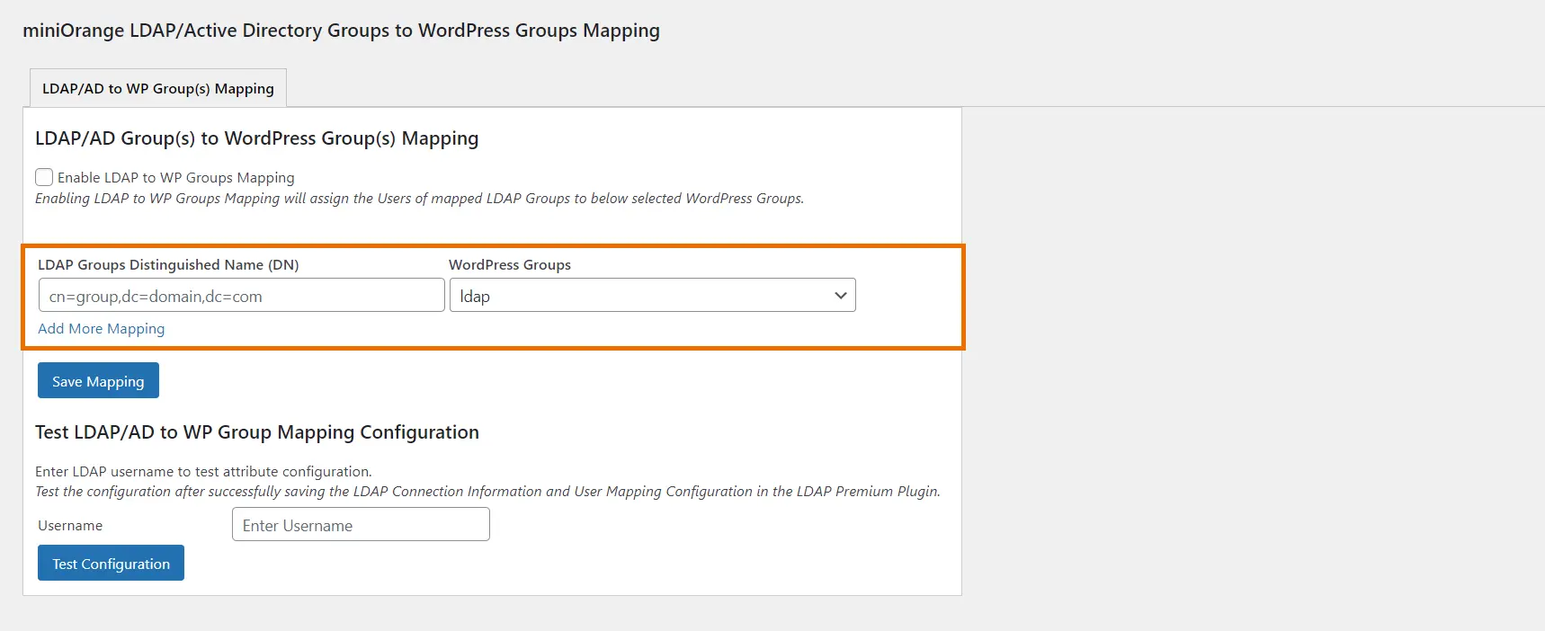 miniOrange WordPress Groups Plugin Integration Add-On Enter LDAP Groups Distinguished names and select more mapping