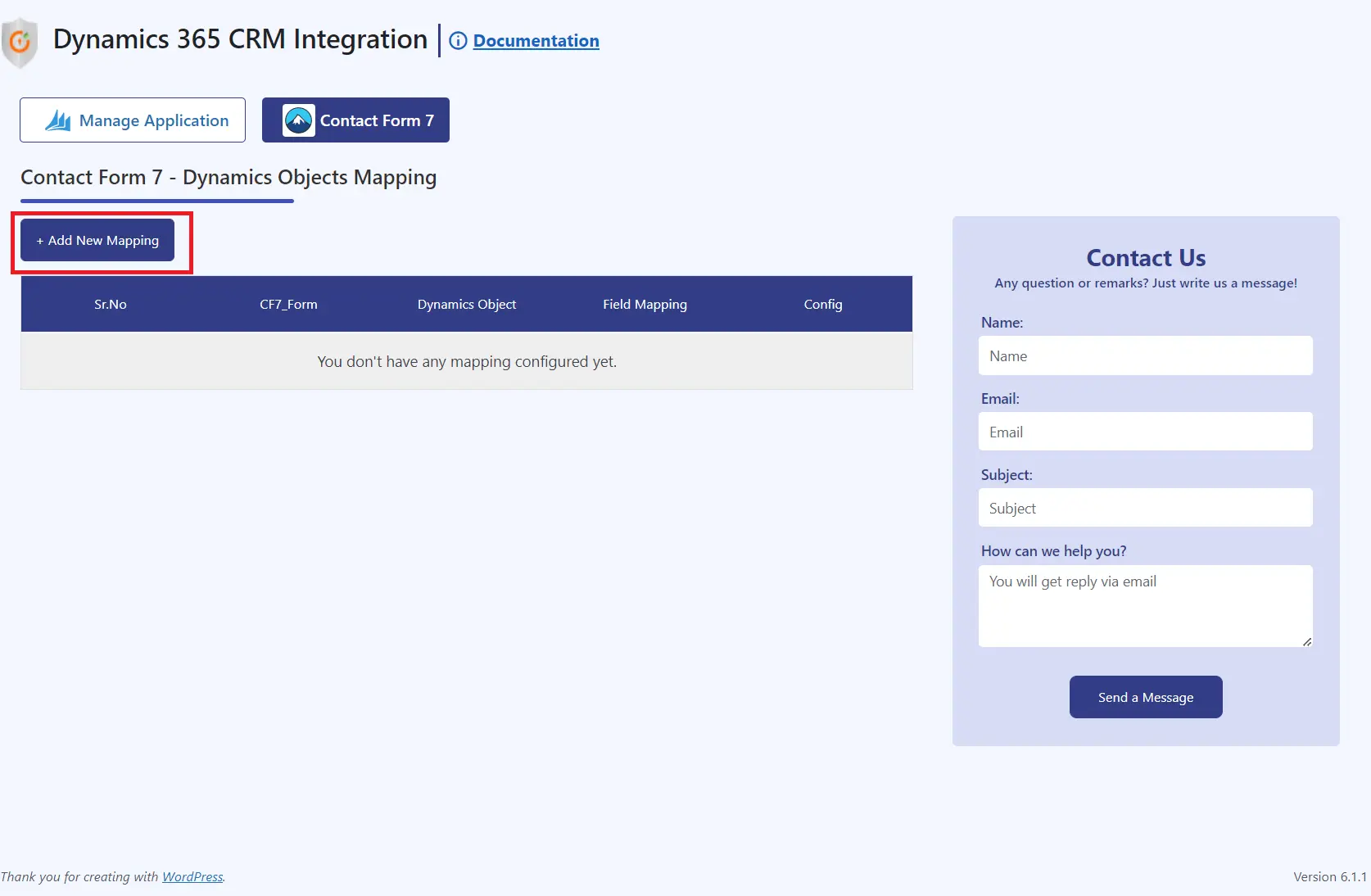 Dynamics 365 integration with WP Contact form 7 plugin | Add New mapping