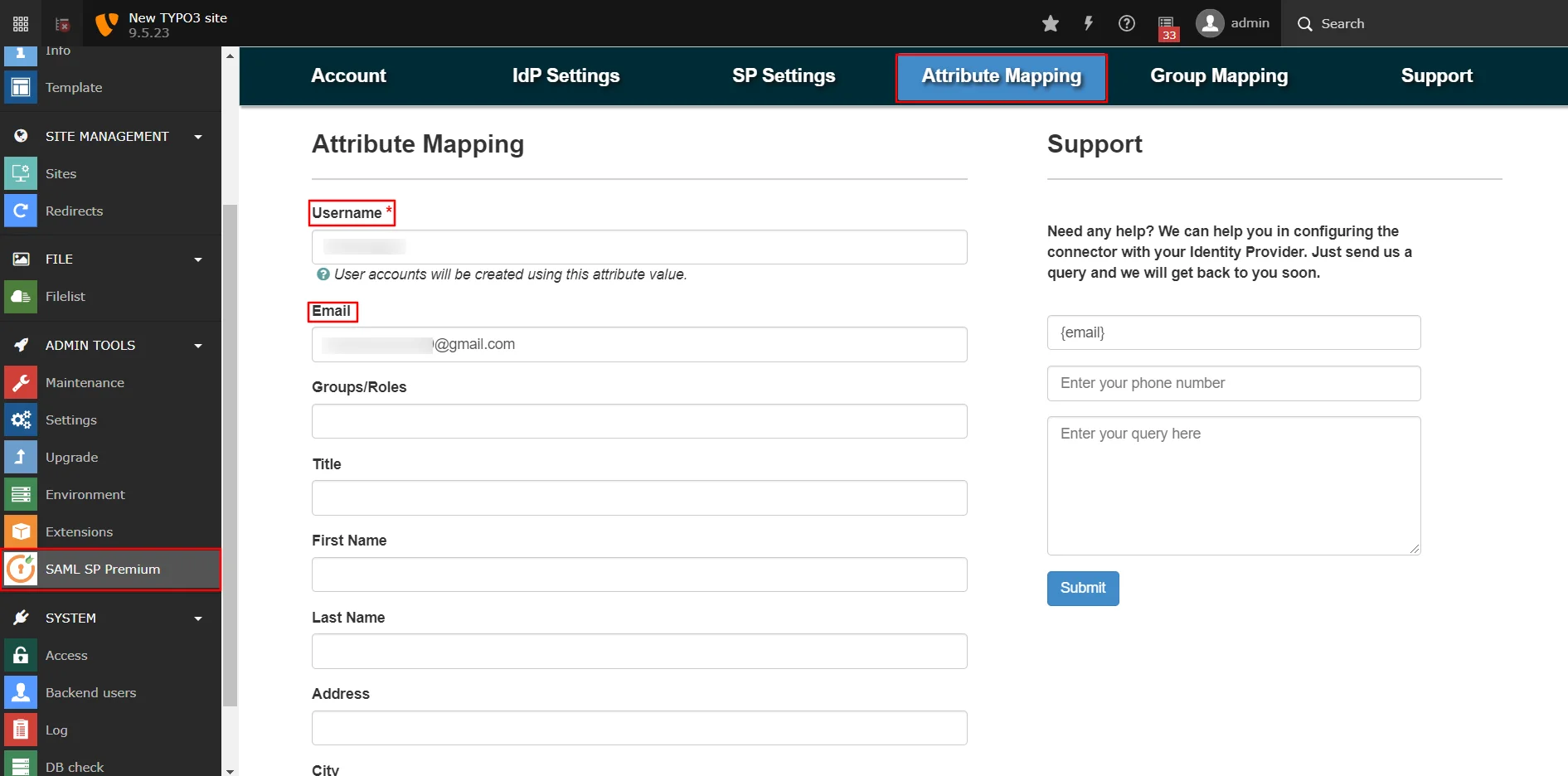 Attribute mapping Typo3 SAML SSO