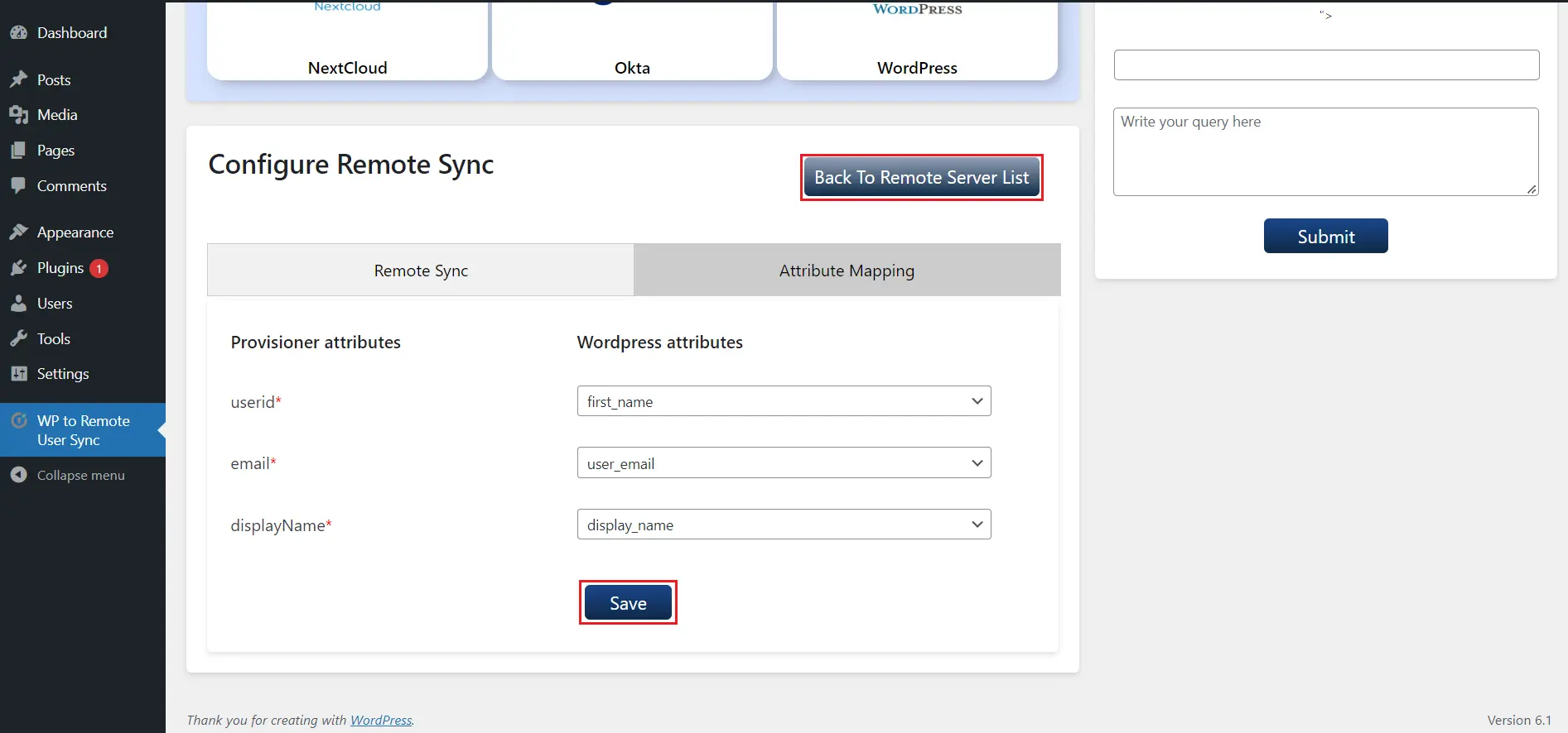 Wordpress Nextcloud User Sync | click on save