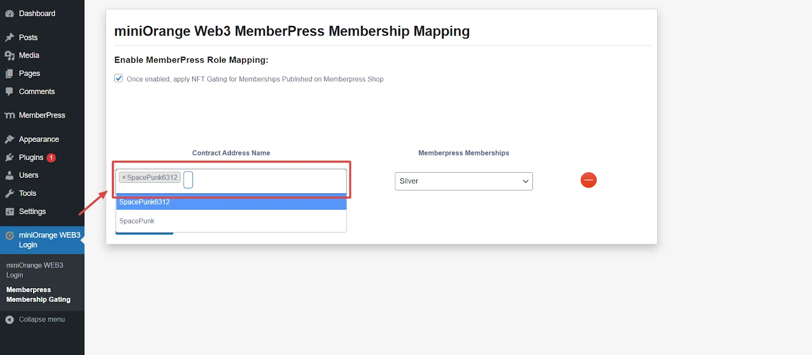WordPresss Web3 login memberpress integration addon- map Contract address