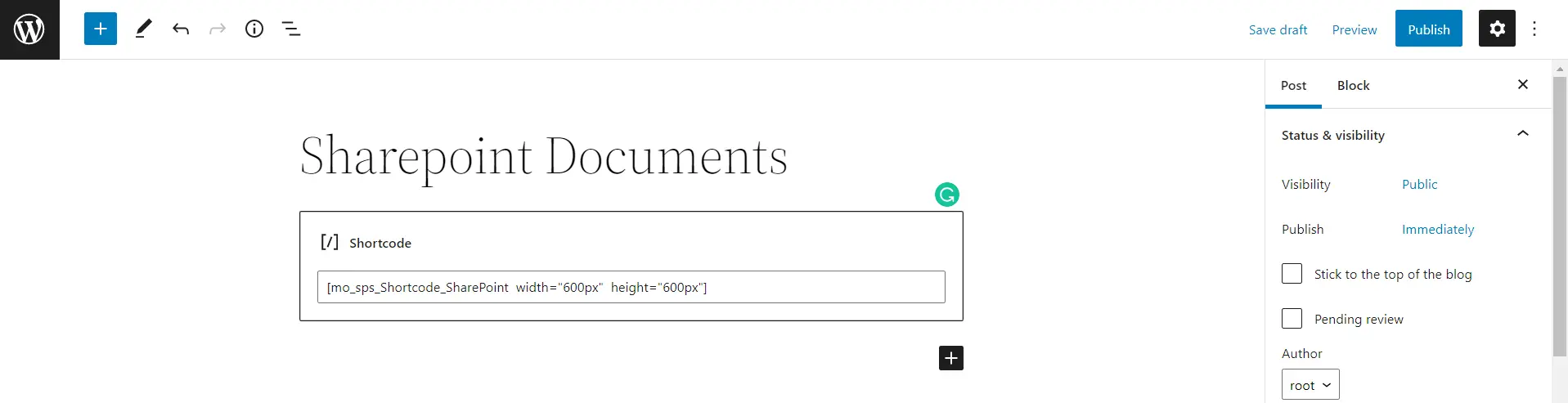 Embed SharePoint documents with WordPress | copy shortcode