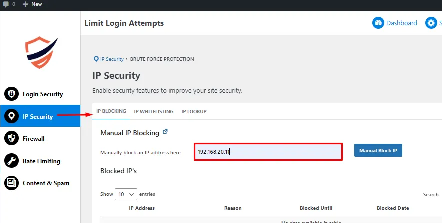  limit login attempts- enter ip address blocking 
