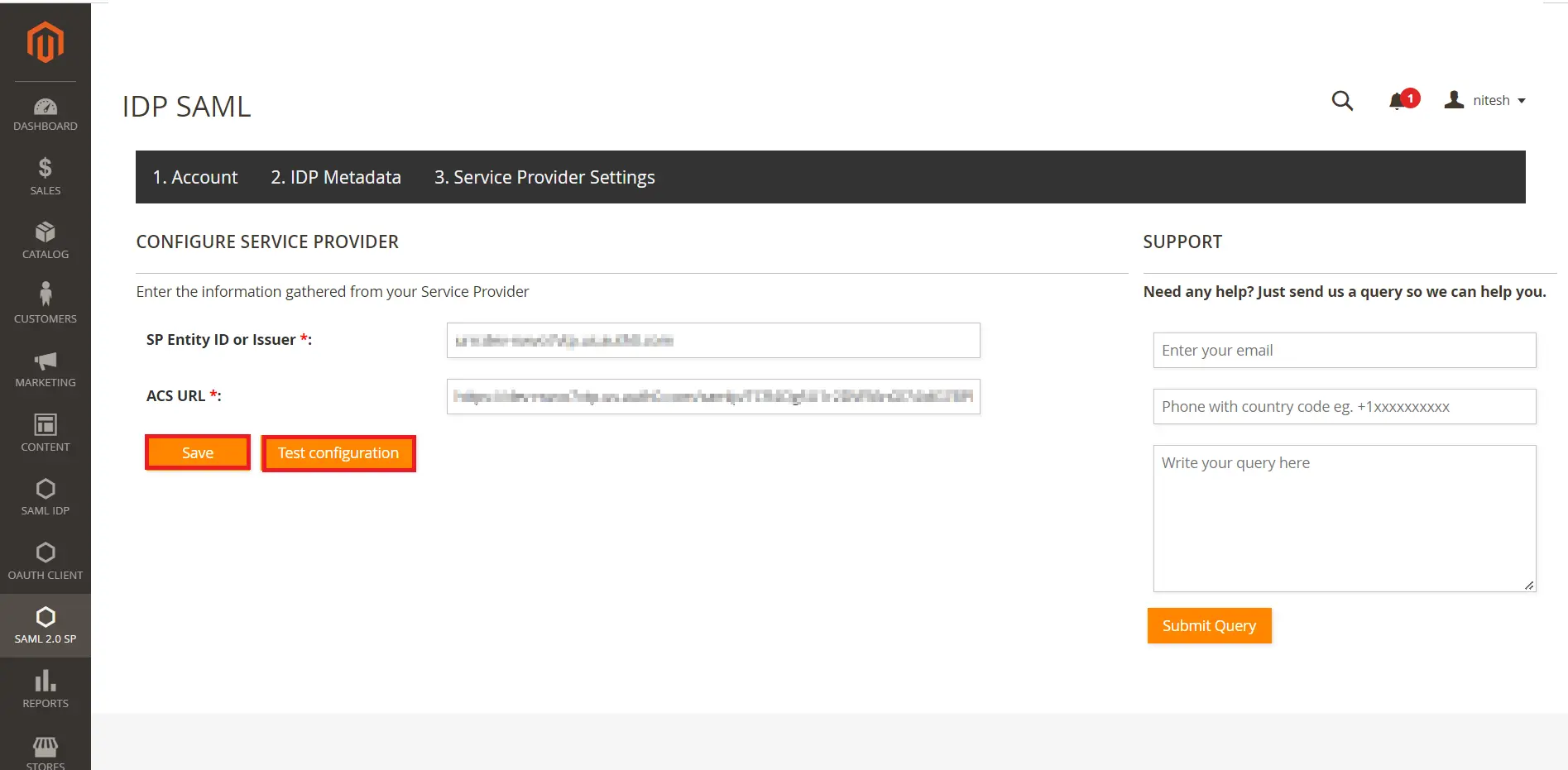 Login with magento users sav and test configuration