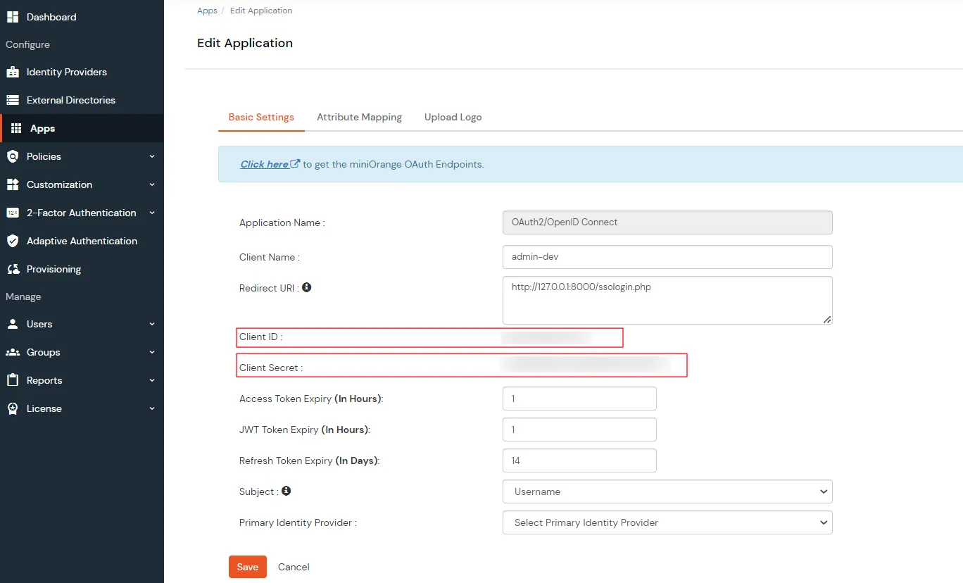 OAuth/OpenID miniorange Single Sign On SSO client id and client secret