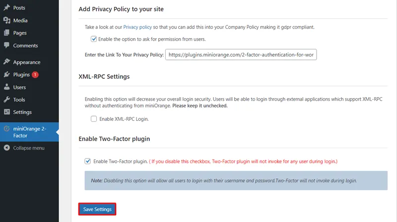 Privacy Policy - Click save settings