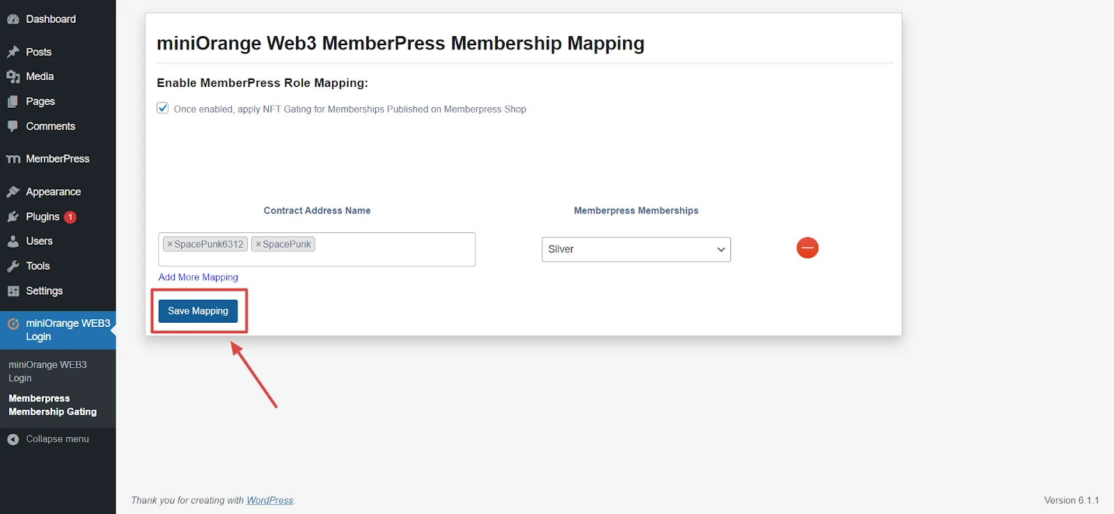 WordPresss Web3 login memberpress integration addon- save mapping