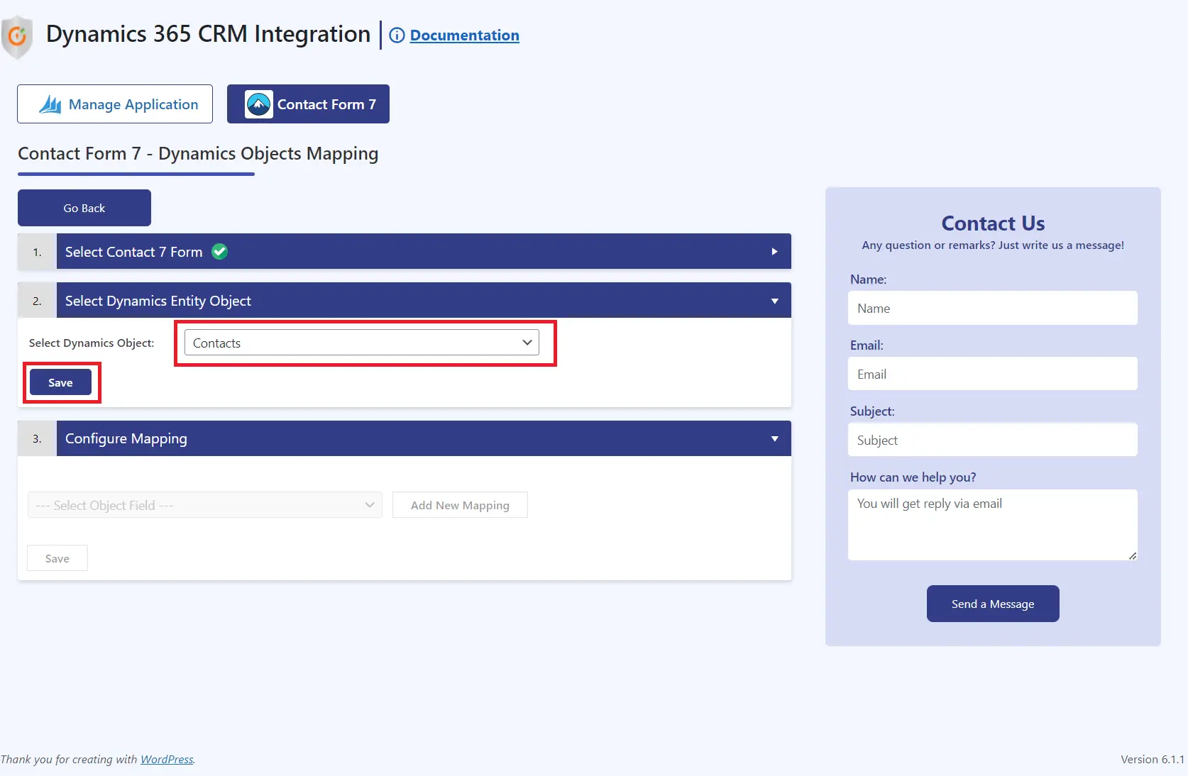 Dynamics 365 integration with WP Contact form 7 plugin | Select Dynamics 365 object