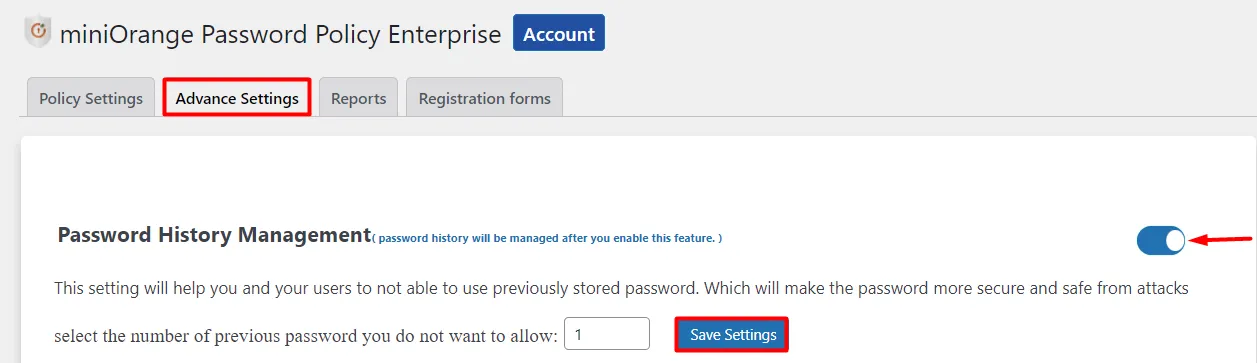 WordPress Password Security - Advance Settings tab