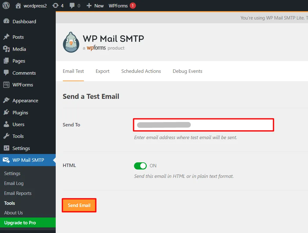 WordPress SMTP - Enter Email