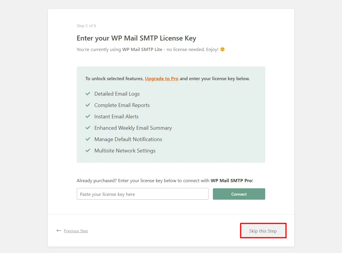 WordPress SMTP - Click skip this step