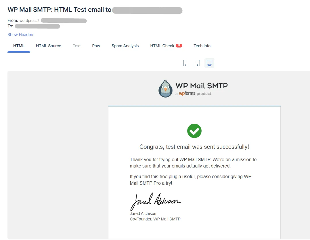 WordPress SMTP - Test mail successfully