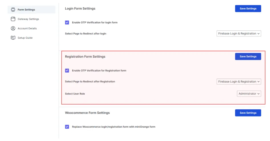 alter firebase register form settings