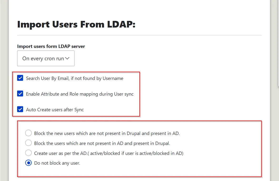 Drupal LDAP import users options