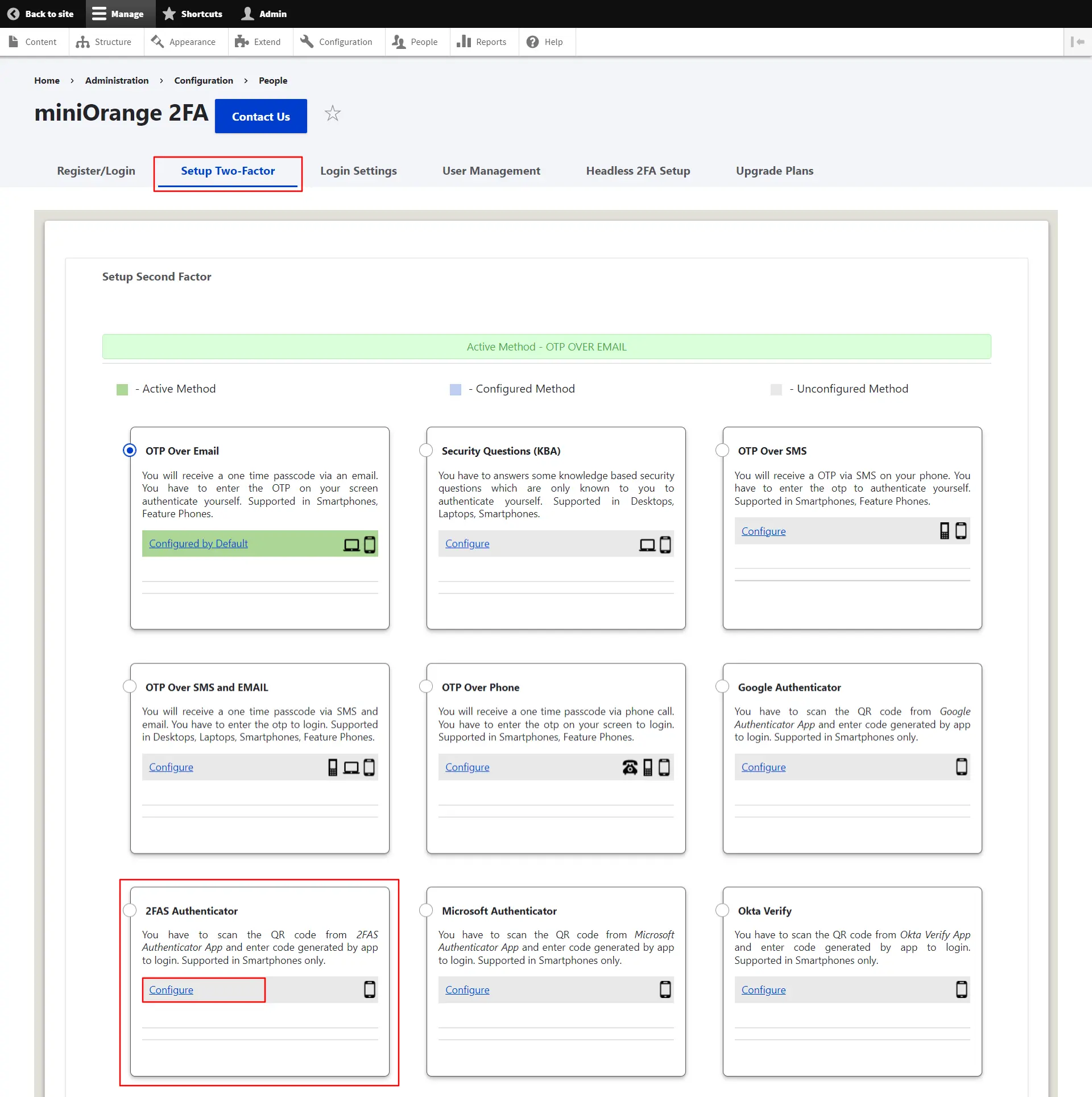 drupal 2fa - Select 2FAS authenticator from the setup two factor tab, then click on the configure link.