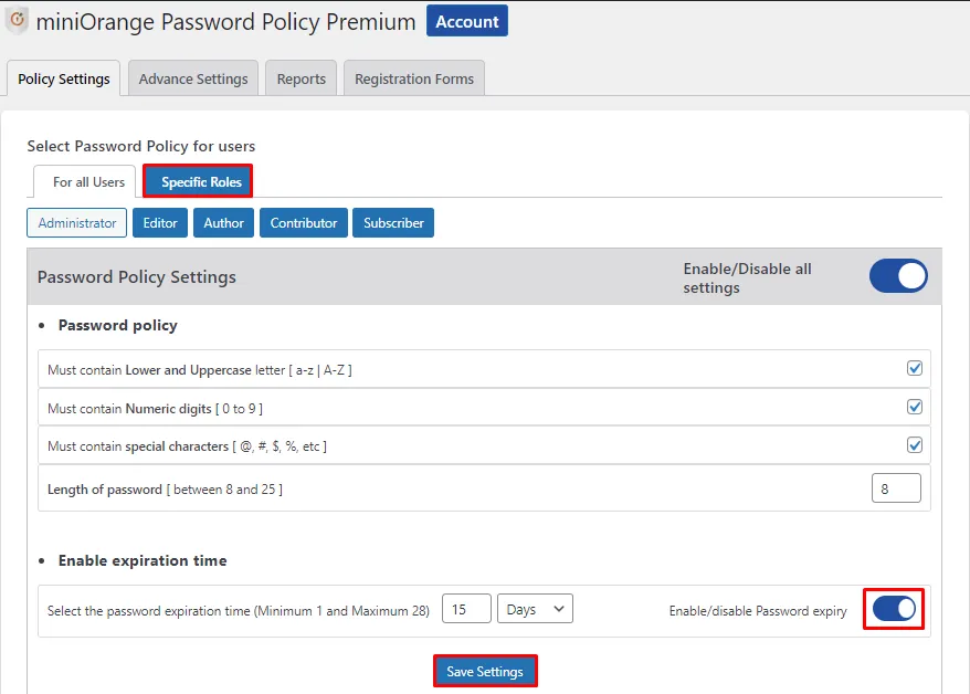 Password Expiration Role based - Click save setting button