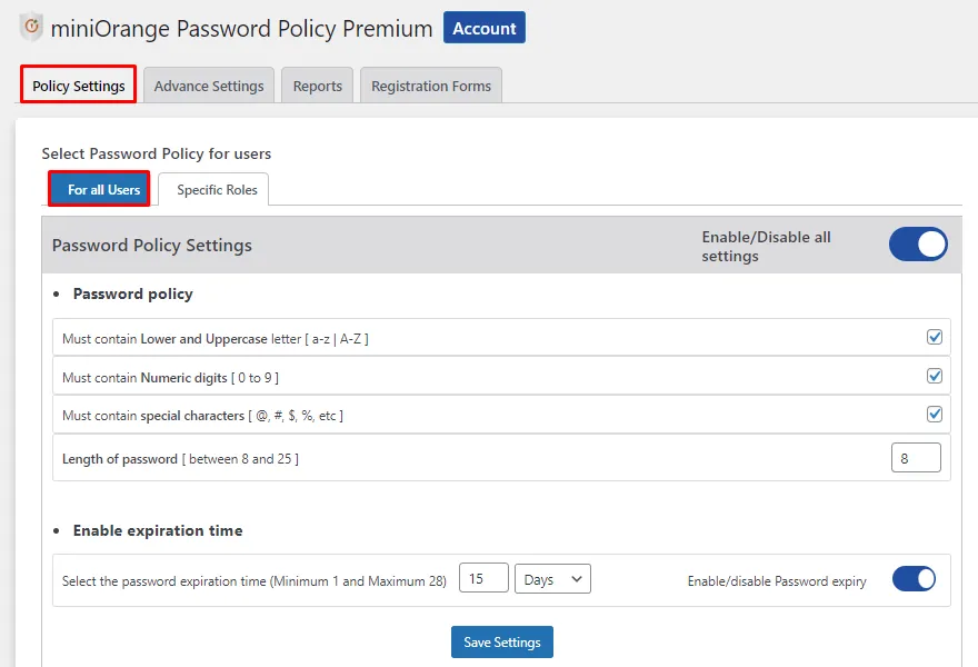 Password Score or Strength Checker - Click save setting button