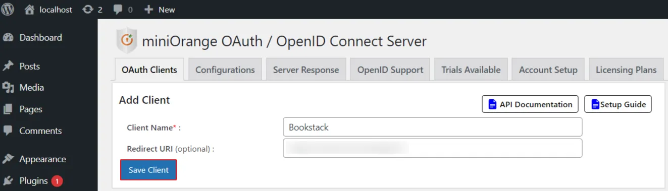 OAuth server Single Sign-On(SSO)WordPress- Bookstack Authorized Redirect URI 