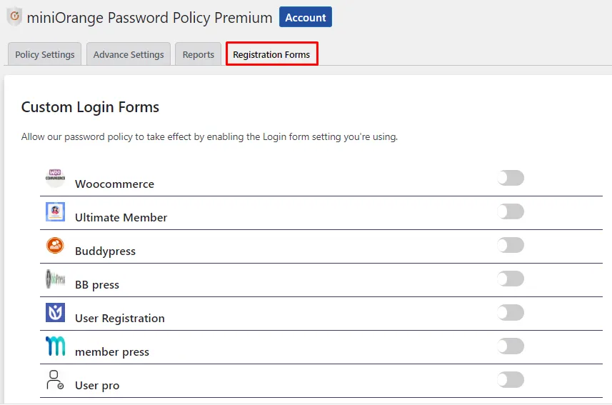 Password Policy - Login and registration form