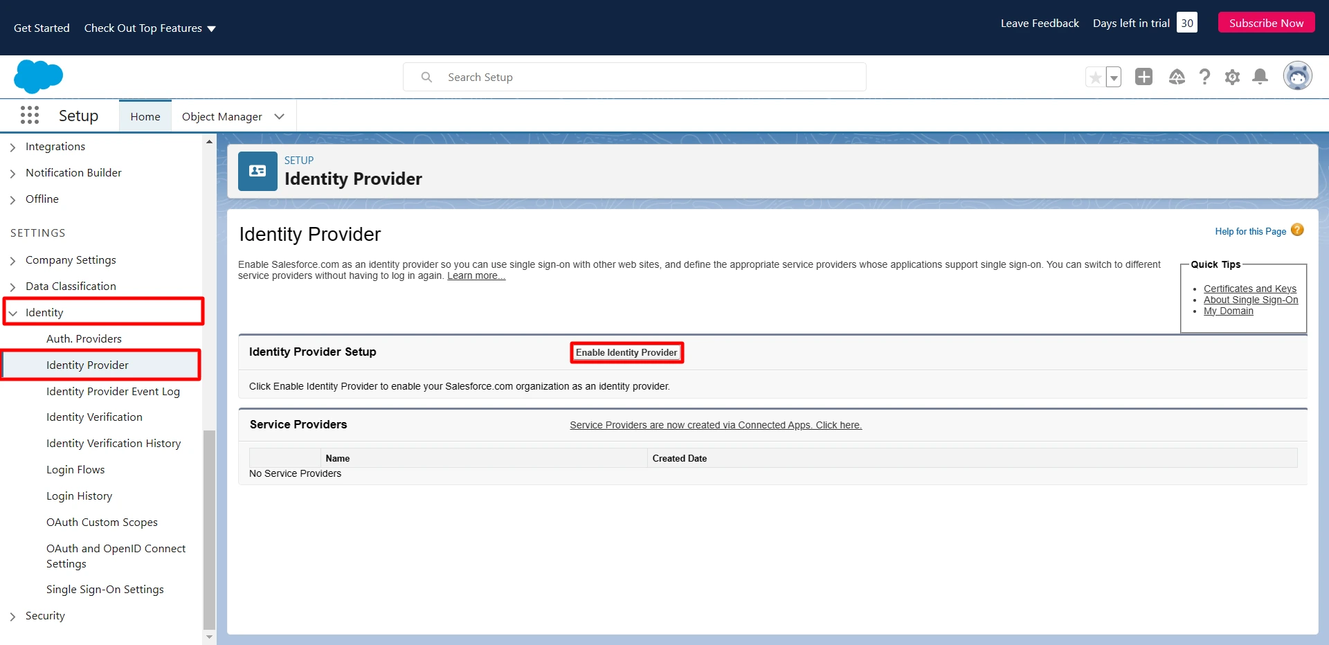 Security Controls and click on Enable identity provider
