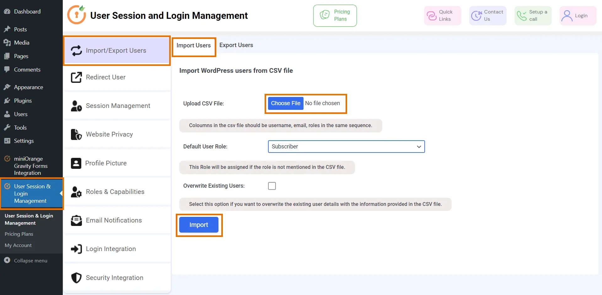 User session and login management Import users