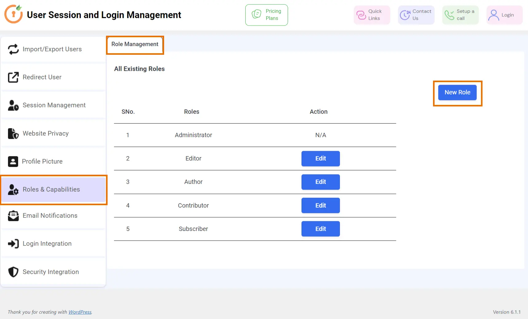 User session and login management Role Management